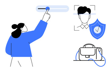 Person adjusts slider while facial recognition and shield icon visible. Ideal for technology, security, user interfaces, identity verification, cyber safety, digital interaction, privacy protection