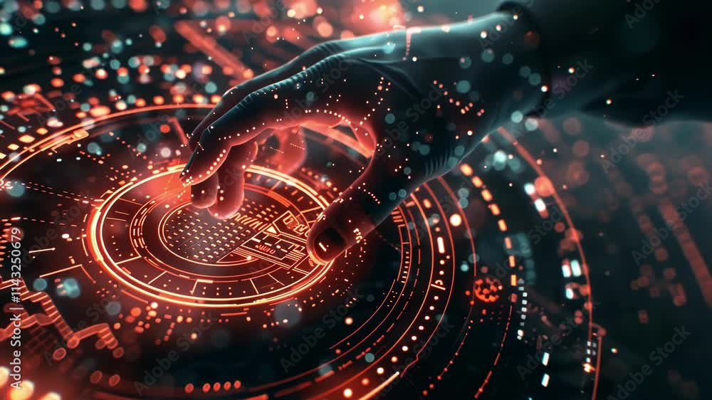 Poster glowing hand interacting with futuristic glowing red circular interface with digital code and data, 