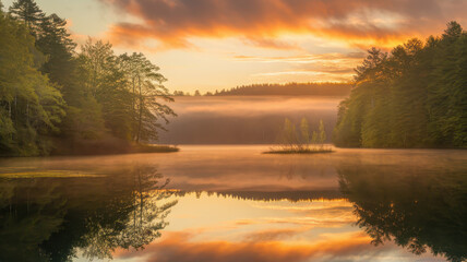 Obraz premium A tranquil sunrise over a serene lake, with mist rising from the water and vibrant orange and pink hues illuminating the scene.