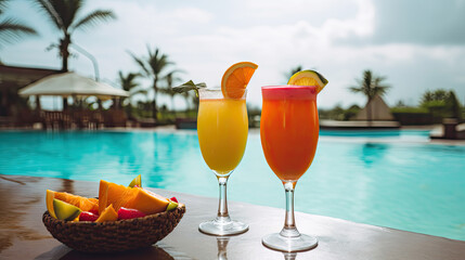 Perfect holiday concept. Tropical cocktails in glasses with fruit slices standing near summer pool on green palms background. Vacations, relax. Selective focus