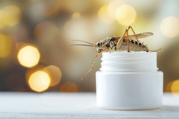 Grasshopper is standing on a jar of cosmetic cream, suggesting the use of insects in the production of beauty products