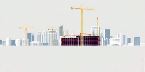 Modern apartment building construction project overview with blueprints and construction equipment, progress, modern