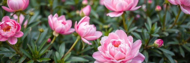 Obraz premium Pink peony flowers blooming in a lush garden setting, elegant, nature, foliage