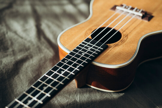 Close-up of a ukulele resting on a fabric background