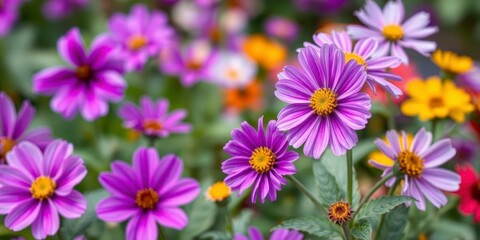 Fototapeta premium Purple flower petals and leaves creating a vibrant and colorful background, close-up, nature