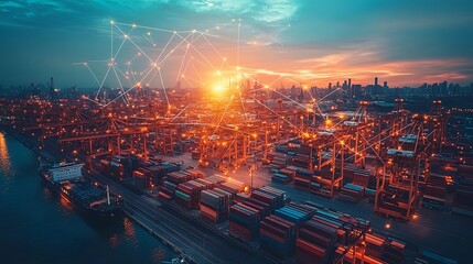 Obraz premium Global shipping operations port city aerial view sunset technology