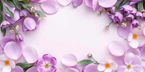 Fototapeta premium Purple flower petals and leaves in a soft and delicate arrangement, perfect for botanical backgrounds or nature-inspired designs, petals, backgrounds, arrangement