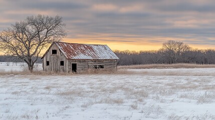 Abandoned wooden barn in a snow-covered landscape during a dramatic sunset, capturing the essence of winter solitude
