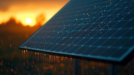 A reflective solar panel glistens after rain under a stunning sunset, capturing the beauty of renewable energy technology