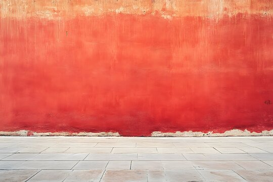 Red textured wall with stone pavement.