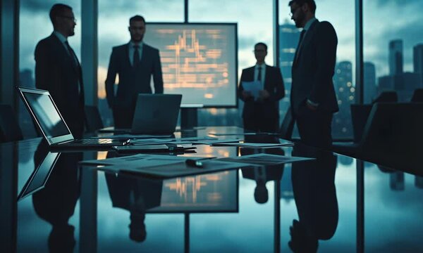 Business meeting in a modern office with a cityscape backdrop.