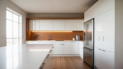 Modern White Kitchen With Wood Accents And Stainless Steel Appliances