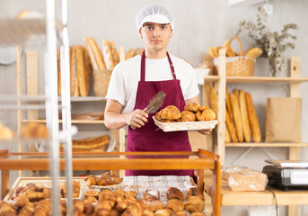 Dedicated young baker in maroon apron arranging freshly baked golden pastries in glass display case, preparing showcase in cozy artisan bakery