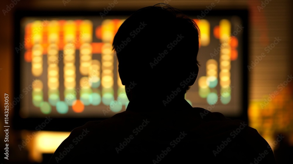 Poster a dark silhouette of a man sits in front of bright computer screens displaying data, suggesting tech