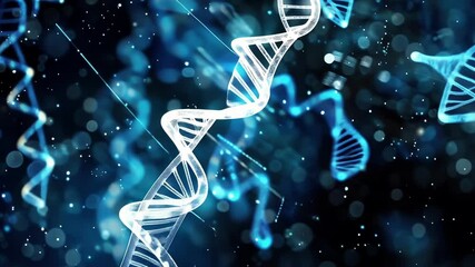 Glowing blue digital dna helix rotating against a dark background with big data streams flowing, symbolizing genetic engineering, scientific research, and the future of medicine - Powered by Adobe