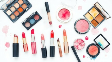 A collection of makeup essentials including lipsticks, blushes, eyeshadows, and powders in various shades, arranged creatively on a white background.
