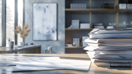 Fototapeta premium A cluttered workspace features a tall stack of unfinished documents on a desk, with soft natural light illuminating the area