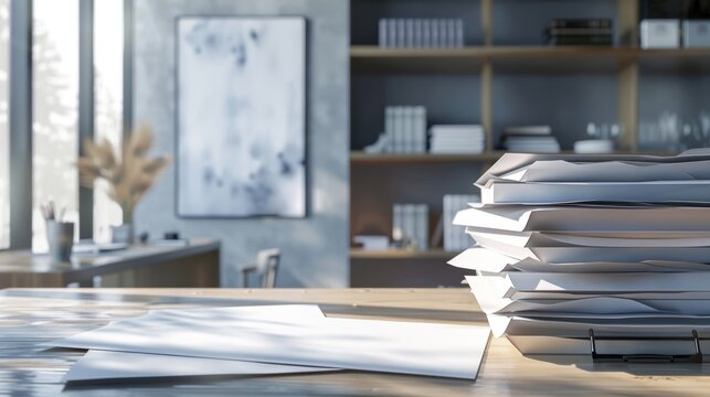 A cluttered workspace features a tall stack of unfinished documents on a desk, with soft natural light illuminating the area