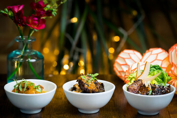 Gourmet Bowls with Tempura Mushrooms, Aubergine Stew, and Roasted Beef