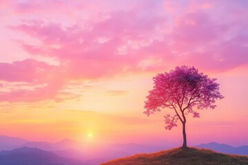Obraz premium A vibrant pink tree silhouetted against a colorful sunset sky over rolling hills.