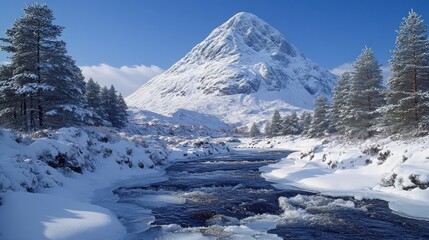 Stunning Winter Landscape with Snowy Mountain, Majestic Pines, and Frozen River Beneath Blue Sky - Perfect for Nature Lovers and Outdoor Enthusiasts