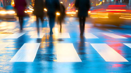 A busy urban crosswalk at night with blurred figures moving through streaks of light from passing cars.