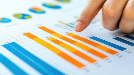 A closeup of a business professional s hand pointing to fluctuating interest rate trends on a printed report