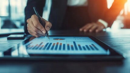 A business professional analyzing an interest rate forecast chart on a digital dashboard, set against a corporate office background