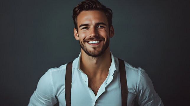 A charismatic man in suspenders and a crisp white shirt smiling broadly.