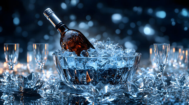 A chilled wine bottle in a crystal ice bucket surrounded by sparkling glassware.