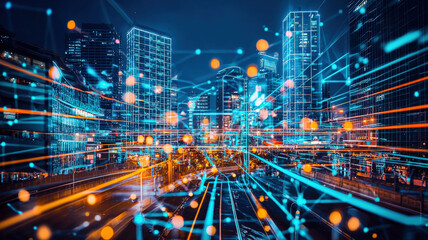 A futuristic smart city at night, glowing with neon lights and advanced technology displays. A vibrant, high-tech scene, perfect for urban innovation, digital transformation, and future city content.
