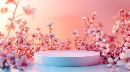 A circular podium surrounded by blooming flowers on a pastel gradient background.