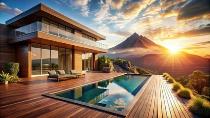 Fototapeta premium Stunning candid architecture photography showcases a modern volcanic pool house's beauty.