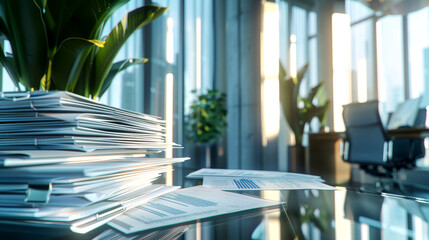 A stack of documents rests on a glass table in a well-lit office, surrounded by lush plants and contemporary furniture