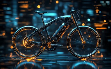 A bicycle made from recycled metal parts, industrial urban background, sleek design, futuristic ecotransportation, glowing details, ultrarealistic style