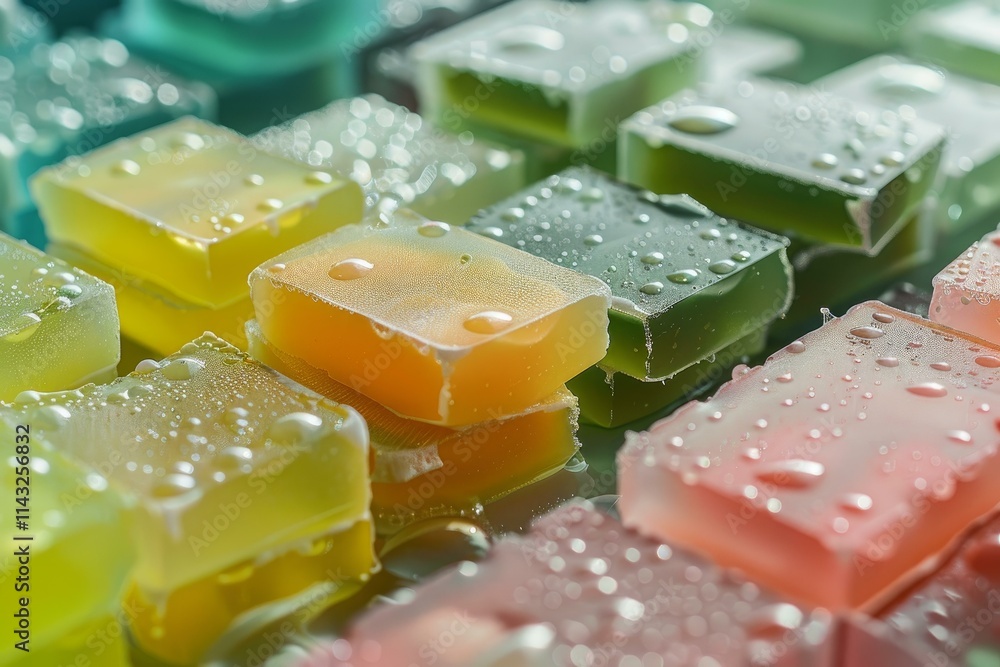 Poster colorful bars of soap with water droplets creating a refreshing and clean background