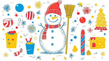 A cheerful snowman surrounded by festive decorations and winter-themed elements.