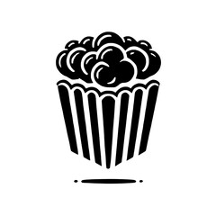 Popcorn Icon: A simple yet striking black and white icon depicting a classic popcorn bucket, perfect for movie nights, snack time, and entertainment branding. 
