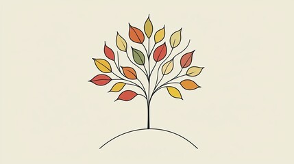 A stylized tree with colorful leaves on a gentle hill, symbolizing nature and change.