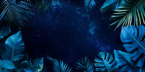 Lush tropical leaves surround a deep blue background, enhancing the vibrancy and allure of the natural foliage
