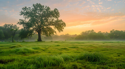 Dawn of Blessings: Serene Sunrise Over a Tranquil Meadow with Majestic Oak Tree