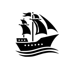 Sailing into the Horizon: A stylized black and white illustration of a majestic sailing ship with billowing sails, gracefully navigating the waves. Evokes a sense of adventure, exploration.