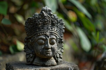 Fototapeta premium Ancient weathered stone statue with closed eyes wearing ornate crown in tropical garden setting