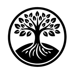 Tree of Life Symbol: A stylized black and white illustration of a tree with roots and leaves, enclosed in a circle, representing growth, strength, and connection. Perfect for nature-inspired designs.