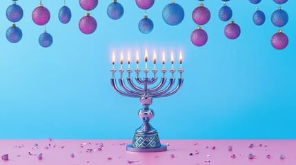 Colorful Hanukkah Menorah with Festive Decorations

