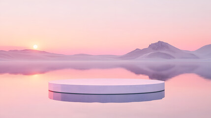 A crystal-clear podium floating in a tranquil lake under a pink-hued sunrise.