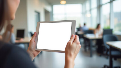 close-up of hands holding a tablet with a white screen in the office. Layout with place for text, for advertising. in the background there is a large office with tables at which employees sit