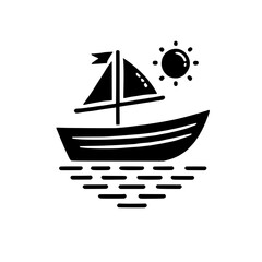 Sailboat Under the Sun: A simple and stylish black and white illustration of a sailboat sailing on the water under a sunny sky. Perfect for nautical themed designs and branding. 