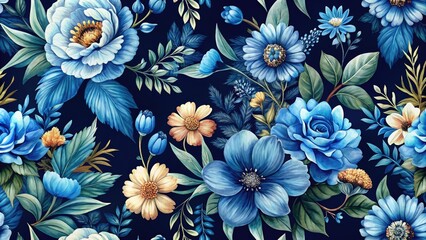 Fototapeta premium Summery blue floral watercolor pattern, dark background, vintage aesthetic; ideal for seamless fabric or wallpaper designs.