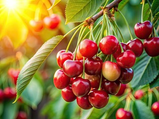 Sun-drenched cherries, juicy and sweet, hang heavy on the branch, a closeup of summer's bounty.